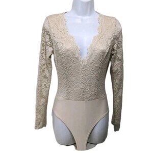 Windsor Antique Lace Look Bodysuit Long Sleeve Womens M Beige